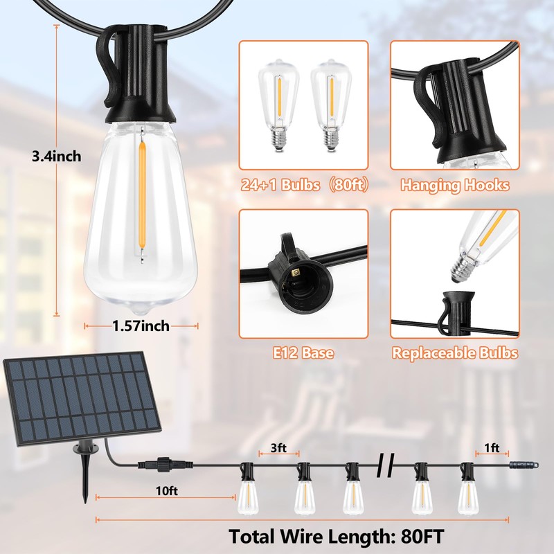 Bosceos Solar Outdoor String Lights Waterproof, 80FT Solar Powered String