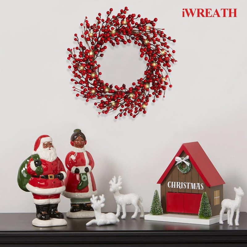 18 Inch Pre-lit Red Holly Berry Christmas Wreath for Front