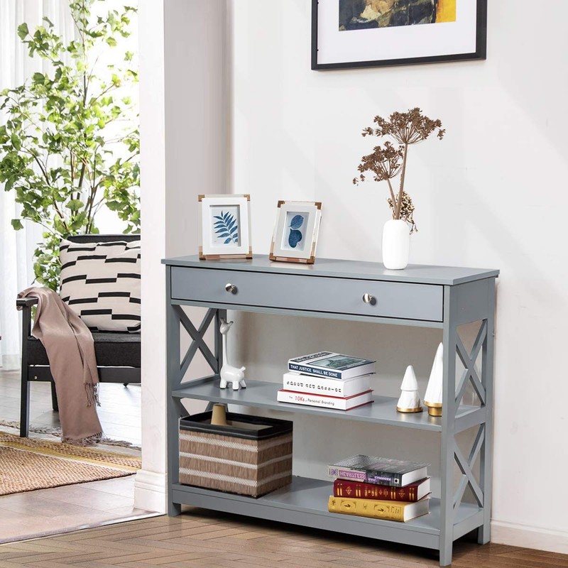 DORTALA Console Table with Drawer, 3 Tier Narrow Storage Table