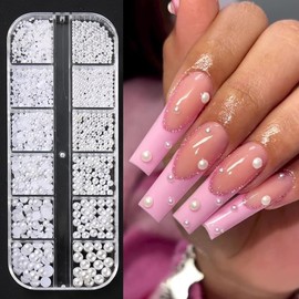 Multi Sizes Round and Half Round Pearls 3D Nail Charms, White Flatback Pearls Nail Jewelry for Women Girls Manicure Nails Supplies DIY Crafts Decorations……