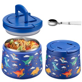 Itslife Thermal Food Container, 420 ml, Stainless Steel Food Storage Container with Lid and Spoon, Thermal Lunch Box, Children, Leak-Proof, Food Container for Picnic, Schools and Offices, Dinosaur