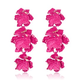 EVER FAITH Hot Pink Flower Statement Earrings, Vintage Boho Enamel Floral Flower Drop Dangle Earrings for Summer Beach Vacation