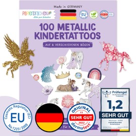 Papierdrachen 100 Metallic Tattoos for Sticking, Skin-Friendly Children's Tattoos, Unicorns, Glitter Tattoo, as a Birthday Party Bags, Vegan, Made and Tested in Germany