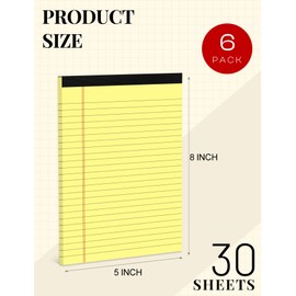 Yellow Note Pads 5x8 Small Legal Pads College Ruled Notepad for Office 6 Pack Yellow Writing Pads 5x8 Narrow Ruled Paper Pads 25 Lines 80 GSM Paper Tablets 5x8" Lined Notepads With 30 Sheets Per Pad