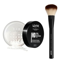 NYX Professional Makeup Combo: Polvo traslúcido mineral fijador HD Studio Finishing Powder + Brocha para polvo Pro Powder Brush - 2 piezas