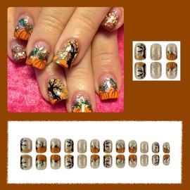 24Pcs Fall Press on Nails Short Square Fake Nails with Glitter Gold Acrylic Nails Pumpkins Nails Tip Autumn Glue on Nails Thanksgiving False Nails Cute Pumpkin Tree Stick on Nails French Tip Nails Set