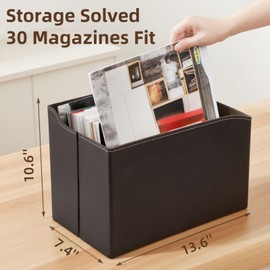 WRINGKIT PU Leather Magazine File Holder, Foldable Magazine Basket with Handles, Stable Magazines Rack Floor, Document File Folder Organizer Box, Books Newspaper Storage Bin for Office Home School