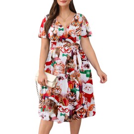 Women Plus Size Christmas Dress — Ugly Xmas Print Holiday Funny Cat Meowy 2024 Wrap V-Neck Short Sleeve Midi Dresses