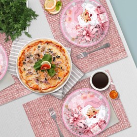 32 Pcs Pink Santa Claus Snowflake Theme Paper Plates 7 Inch Disposable Dinnerware Plates for Winter Christmas Birthday Party Decorations Supplies