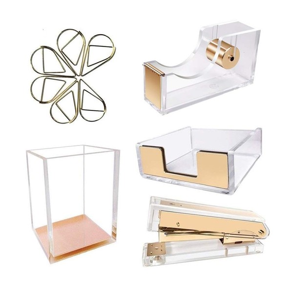 UNIQOOO 5 Count Super Thick Clear Acrylic Gold Finish Stationery Set - Desk Stapler, Pen Holder, Tape Dispenser, Memo Case, Paper Clips- Great for Modern Office, Arts Lover, Calligrapher, Great Gift