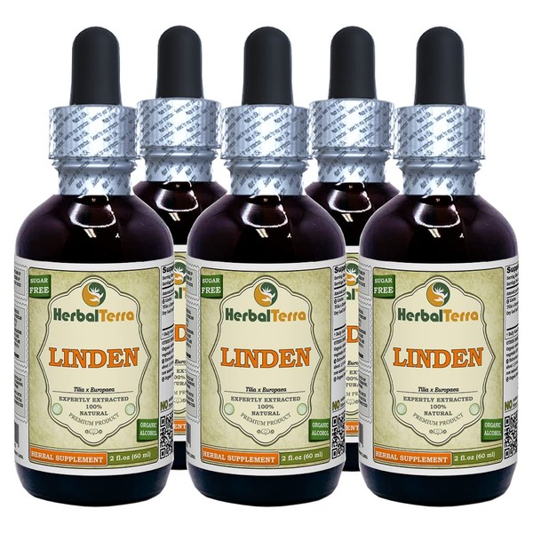 Linden (Tilia x europaea) Tincture, Organic Dried Leaves and Flowers Liquid Extract (Brand Name: HerbalTerra, Proudly Made in USA) 5x2 fl.oz (5x60 ml)