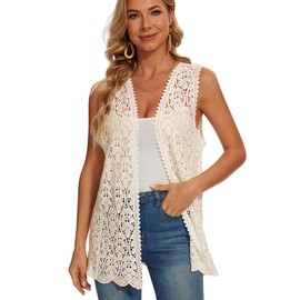 Womens Floral Crochet Lace Boho Trim Sleeveless Open Front Vest Cardigan