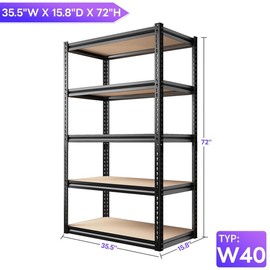 Raybee Furniture 5 Tier 72" Metal Garage Shelving Units, Garage Shelf Free Standing Utility Rack 1550-2000LBS Capacity, Adjustable Storage Shelves for Pantry Garage Basement:_35.5"W x15.8"Dx72"H_1