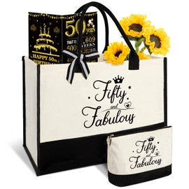 Amosking 50th Birthday Gifts for Women 50 and Fabulous Canvas Tote Bag Travel Gear, Unique 50 Years Old Gifts for Wife Sister Mum Aunt Friends Her, Handbag & Cosmetic Bag & 50 Birthday Poster
