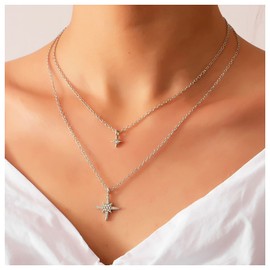 Cimenexe Bohemian Layered Crystal North Star Necklace Silver Starburst Pendant Necklace Paved CZ Star Choker Necklace Rhinestone North Star Chain Necklace Jewellery for Women and Girls