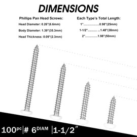 White Head 100 PCS #6x1-1/2(1.5 inch) Stainless Steel Phillips Pan Head Wood Screws,White Coated Screws Covers Head Wood Screws,Stainless Steel 18-8 A2(304) Screw,Home Screw Kit by QISHENG