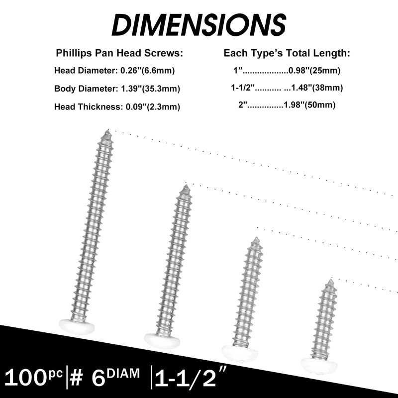 White Head 100 PCS #6x1-1/2(1.5 inch) Stainless Steel Phillips Pan