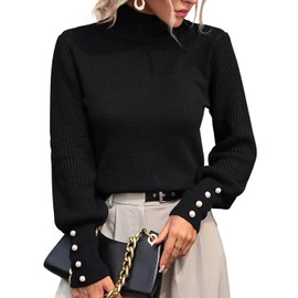 Upopby Women's Fall Winter Turtleneck Sweaters for Women 2023 2024 Trendy Lantern Sleeve Knitted Pullover Sweater Jumper Tops Black XL