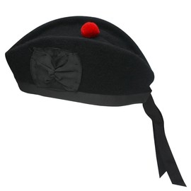 Glengarry Cap-Traditional Scottish Hat,100% Wool, Acrylic Wool Tartan,Kilts/Bagpipes Accessories,Polyester Cotton Ribbon (Black Plain,54)