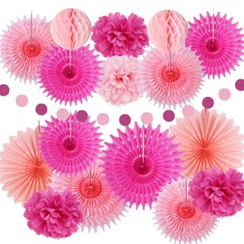 Hot Pink Paper Fans Decorations Rose Hot Pink Tissue Paper Pom Poms Honeycomb Balls Fuschia Pink Party Decorations for Light Pink Baby Shower Bridal Shower Wedding Nursery Birthday Party Home Room