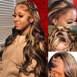 Avolo Highlight Ombre Lace Front Wigs Human Hair 30 Inch 4/27 Colored Honey Blonde Frontal Wigs Pre Plucked With Baby Hair 13x4 Glueless Transparent HD Body Wave Lace Front Wig Human Hair For Women