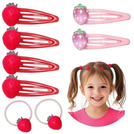 Denipry 8Pcs Strawberry Hair Clip and Hair Ties Set, Red Metal Snap Hair Clips Sweet Fruit Hairpin Y2K Cute Strawberry Hair Accessories for Girls and Women(Red2)