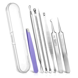 7 PCS Stainless Steel Acne Tools Kit, Portable Comedone Extractor, Professional Blackhead Remover Tool for Face- Blackhead, Acnes, Whiteheads Nose Face with Leather Bag (with Case)