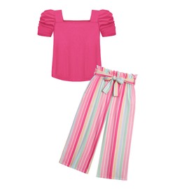 Arshiner Girls 2 Pieces Outfits Kids Square Neck Puff Sleeve Tops and Pants Set with Pockets 6-14 Years
