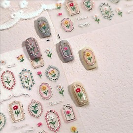 Dedyel Hot Stamping Wildflowers Nail Stickers 5D Embossed Wildflower Nail Stickers Spring Summer Red Yellow Blue White Flower Design Nail Art Decoration for Women Girls Kids