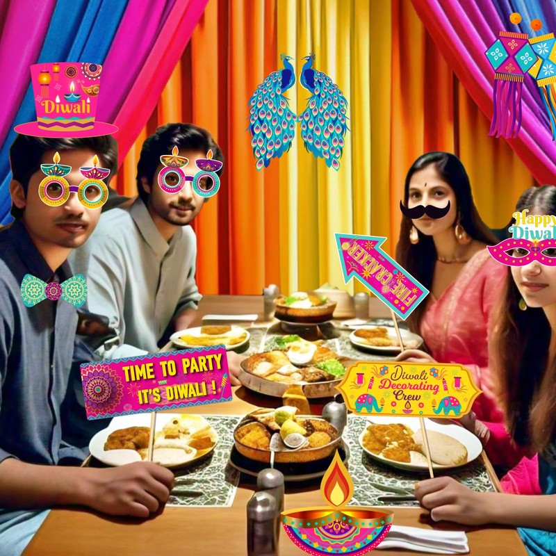 Diwali Photo Booth Props, 36Pcs Diwali Decorations Photo Props Diwali