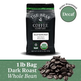 The Bean Organic Coffee Company Water Processed DECAF Vanilla Bean, Medium Roast, Whole Bean Coffee, 16-Ounce Bag