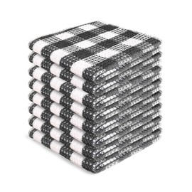 Blue Needles Waffle Weave Check Plaid Dish Cloths, 12x12 Inches 100% Cotton Set of 8 Dish Towels for Kitchen, Ultra Soft & Absorbent Kitchen Towels for Quick Drying - Black & White