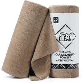 Fantasticlean Microfiber Towels for Cars, Tear Away Car Detailing Cloth Roll, RV Boat Drying Polishing, Edgeless Plush, Coral Fleece, Ultra Absorbent, Scratch-Free, 230GSM, 14" x 14", 20 Pack (Tan)