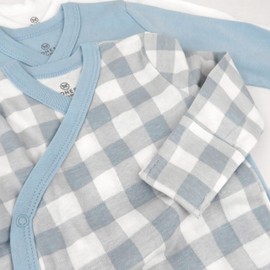 HonestBaby 3-Pack Organic Cotton Long Sleeve Side-Snap Kimono Bodysuits, Blue Painted Buffalo Check, Newborn