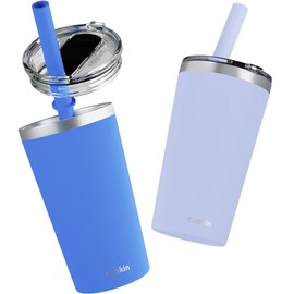 CUPKIN Toddler Tumblers, The Original 12 oz Stackable Stainless Steel Cups, Set of 2 Powder Coated Insulated Kids Water Bottle Alternative & BPA Free Lids + Reusable Silicone Straws (Blue + Gray)