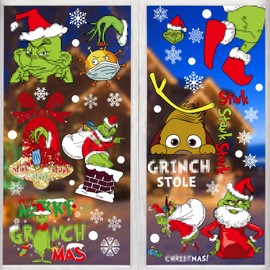 Grinch Window Stickers Christmas, 9 Sheets Double-Sided Grinch Decoration Christmas Snowflake Stickers, PVC Cartoon Christmas Window Decorations Home School Office Party Accessories, 20 x 30 cm (W)