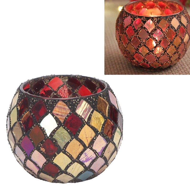Mosaic Glass Tea Light Holder Romantic Decorative Red Handmade Cracked