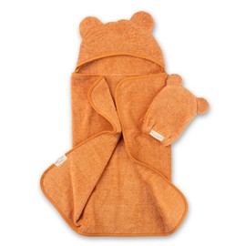 Bella Tunno Baby Bath Towel and Wash Mitt Set – Soft Absorbent Hooded Towels and Mitt-Style Baby Washcloths, Oeko-TEX Certified (Pumpkin)