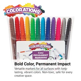 Colorations® Assorted Colors Permanent Fine-Tip Markers, Set of 12, Use on paper, plastic, metal and more, Ink dries quickly and is Non-Toxic, Use for Classroom, Home or Office