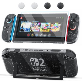 PAWDIARY Clear Switch 2 Accessories Case, Glitter PC Switch 2 Dockable Cover for New Switch 2025 Console & Controller Grip with HD Screen Protector and 4 Thump Caps, Sparkle Hardshell Skin Kit