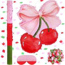 Feifeiya Coquette Pink Bow Cherry Piñata Pink Girls Party Piñata Bundle with a Blindfold, Bat and Confetti Birthday Coquette Party Supplies