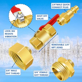 RV Winterize Blowout Adapter Kit, RV Sprinkler Wintering Blowout Adapter for 1/4" Quick Connect Plug and 3/4" GHT Garden Hose, Brass Winterize Quick Adapter with Shut Off Valve for RV Camper Trailer