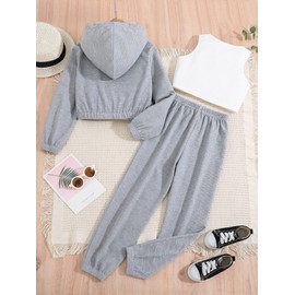 Floerns Girls 3 Piece Outfit Crop Tank Top Sweatpants Set with Sweatshirt Jacket Grey 14Y