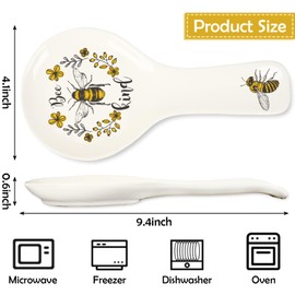 FYSUIMU 9.4inch Bee Ceramic Spoon Rest Yellow Black Bee Flower Cooking Spoon Holder for Summer Stove Top Kitchen Counter Decor