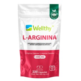 Wellthy L-Arginina 220 Caps 1200mg. 100% Puro, 100% Natural, 110 Porciones por Envase, Alta Pureza con Certificaciones Internacionales, Bottle Free