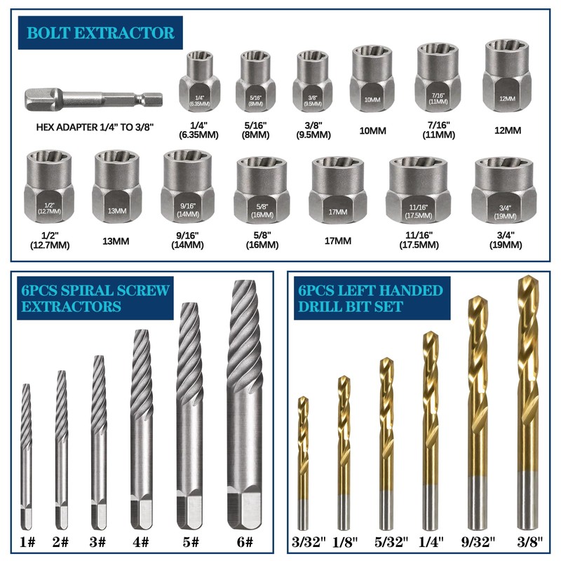 DOAHO 26 Piece Impact Bolt and Spiral Screw Extractor Set