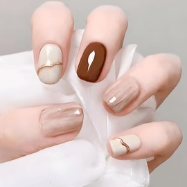 COLORBIRD Nail Tips, Short, Set of 24, Brown and White, Nail, Press-On, Tips, Short, Cute, Square Off (R314)