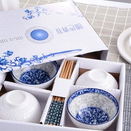 Chinese Bowls and Chopsticks Set of 4 for Rice Soup, Ceramic Rice Bowls, Blue and White Porcelain Cereal Bowls with Delicate Box As a Gift