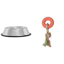 Fancy Pets Plato de Acero para Perro de 32 Onzas o 907 Gramos + Juuete Cuerda con Aro de Caucho para Perro