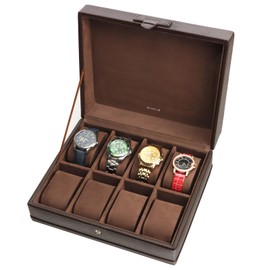 SANZIE 8-Slot Watch Box for Mens Watch Case with Removable Watch Pillows, Watch Holder Organizer Watch Storage with Brown Synthetic Leather